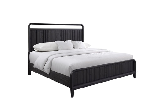 Modern black wooden bed frame with slatted headboard and footboard queen size