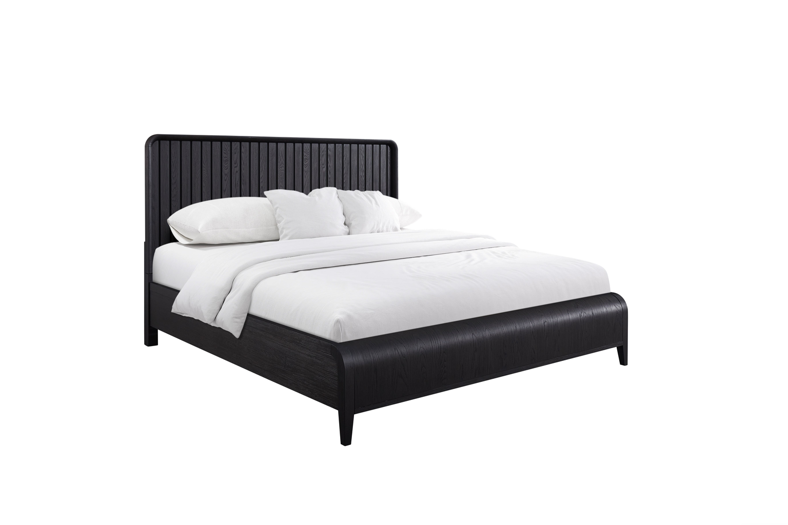 Dark oak slat headboard bed with white linens modern bedroom furniture