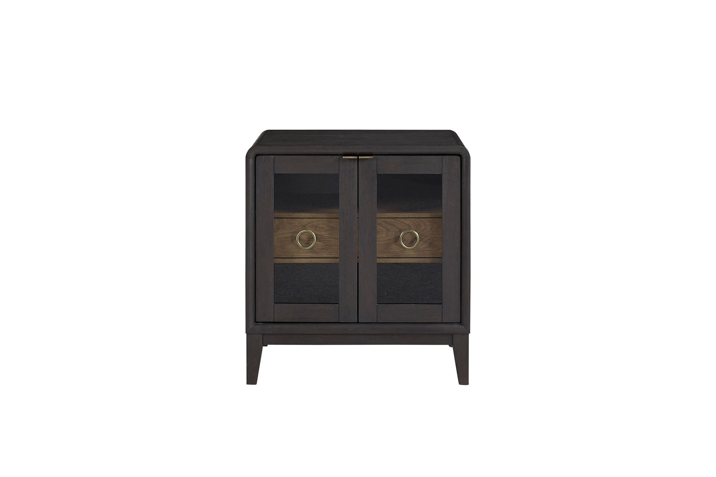 Dark wood accent cabinet with glass doors and brass drawer pulls