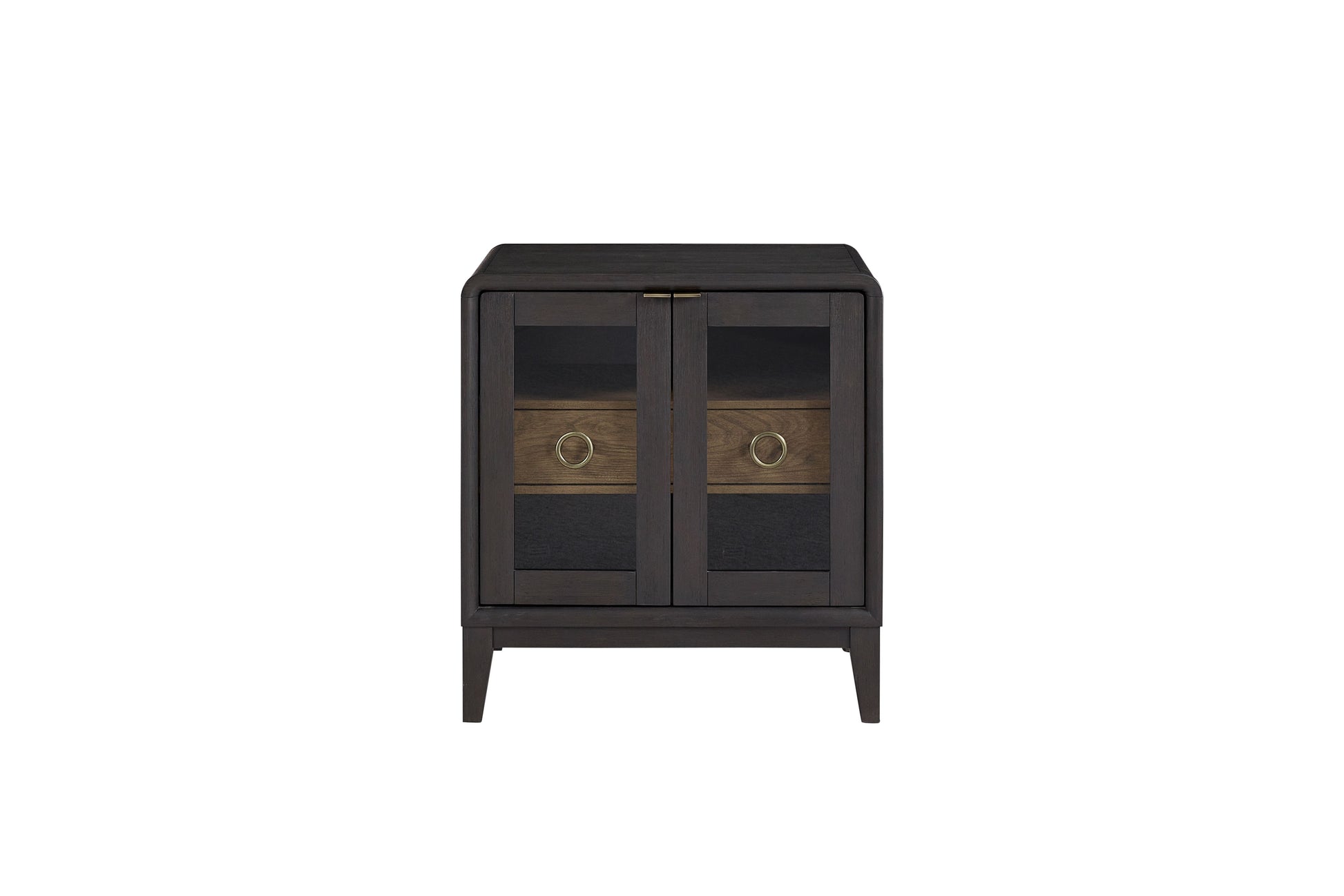 Dark wood accent cabinet with glass doors and brass drawer pulls