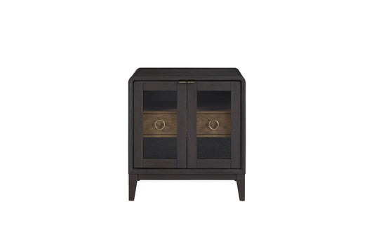 Dark wood accent cabinet with glass doors and brass drawer pulls