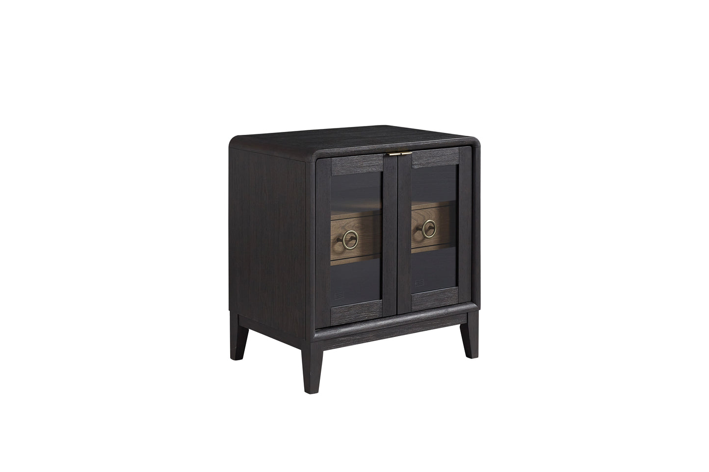 Dark wood accent cabinet with glass doors and brass hardware