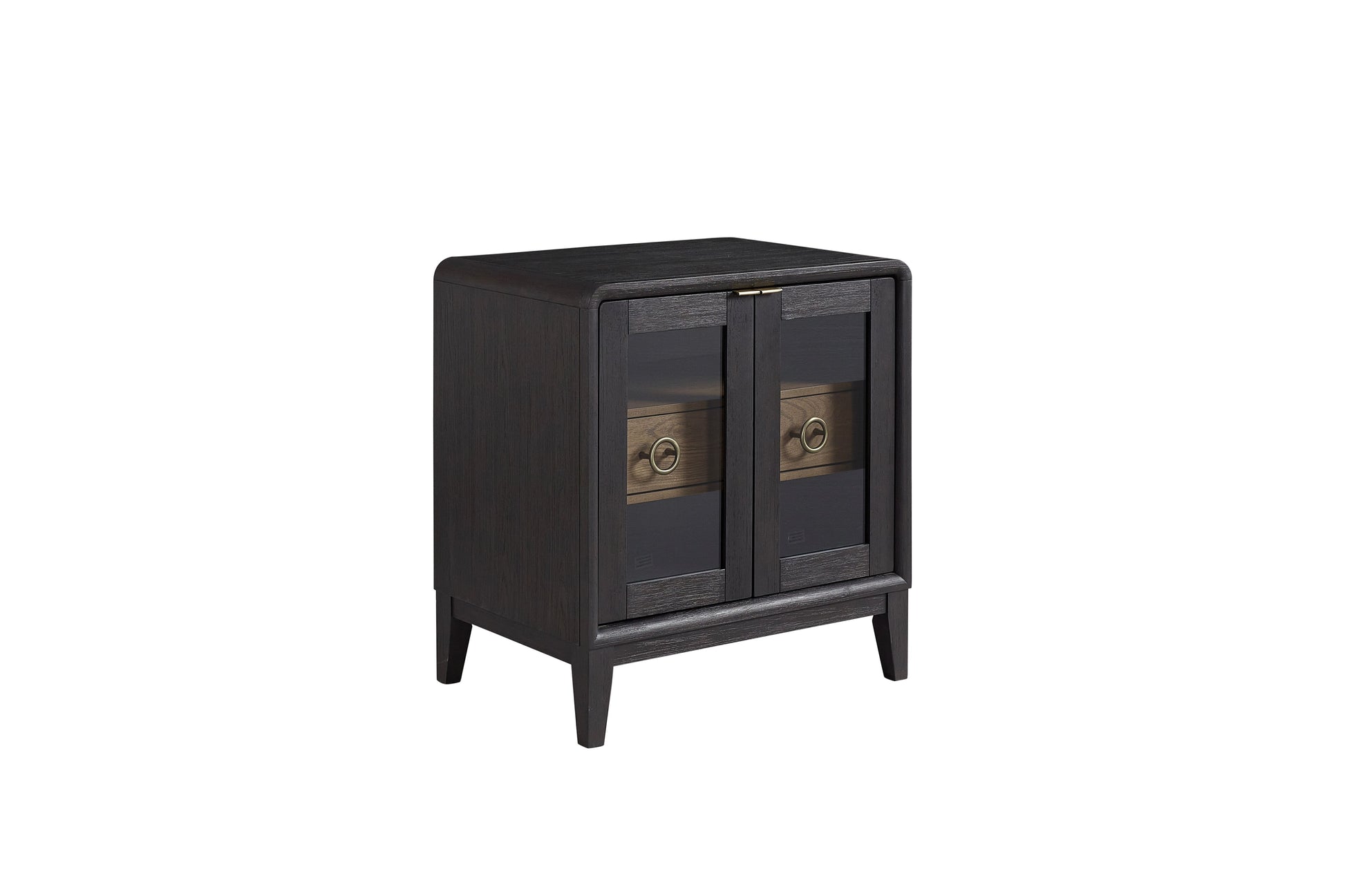 Dark wood accent cabinet with glass doors and brass hardware