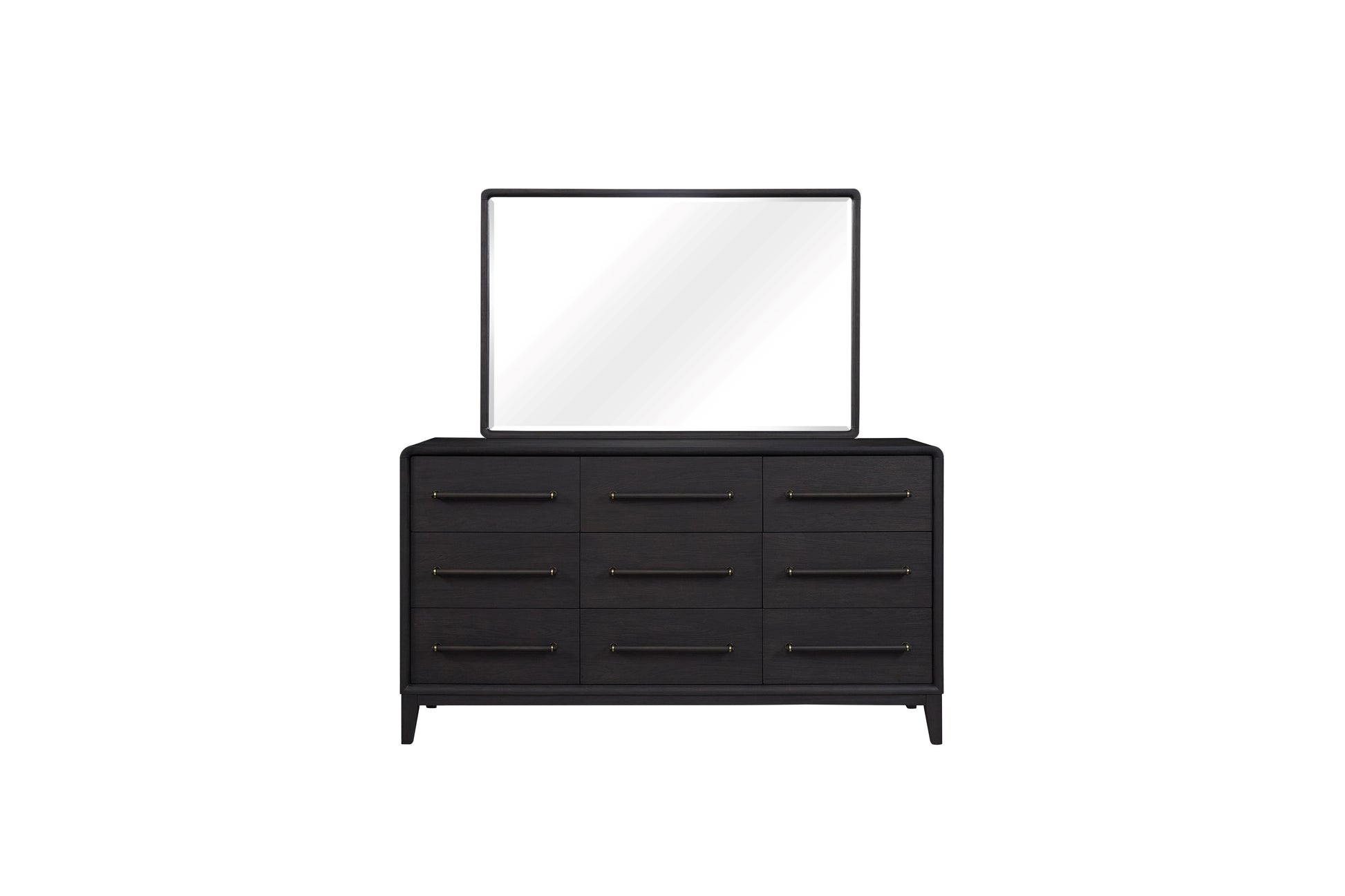 Dark wood dresser with nine drawers and a rectangular mirror