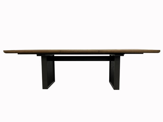 Modern extendable dining table with a rich walnut veneer top and dark metal base