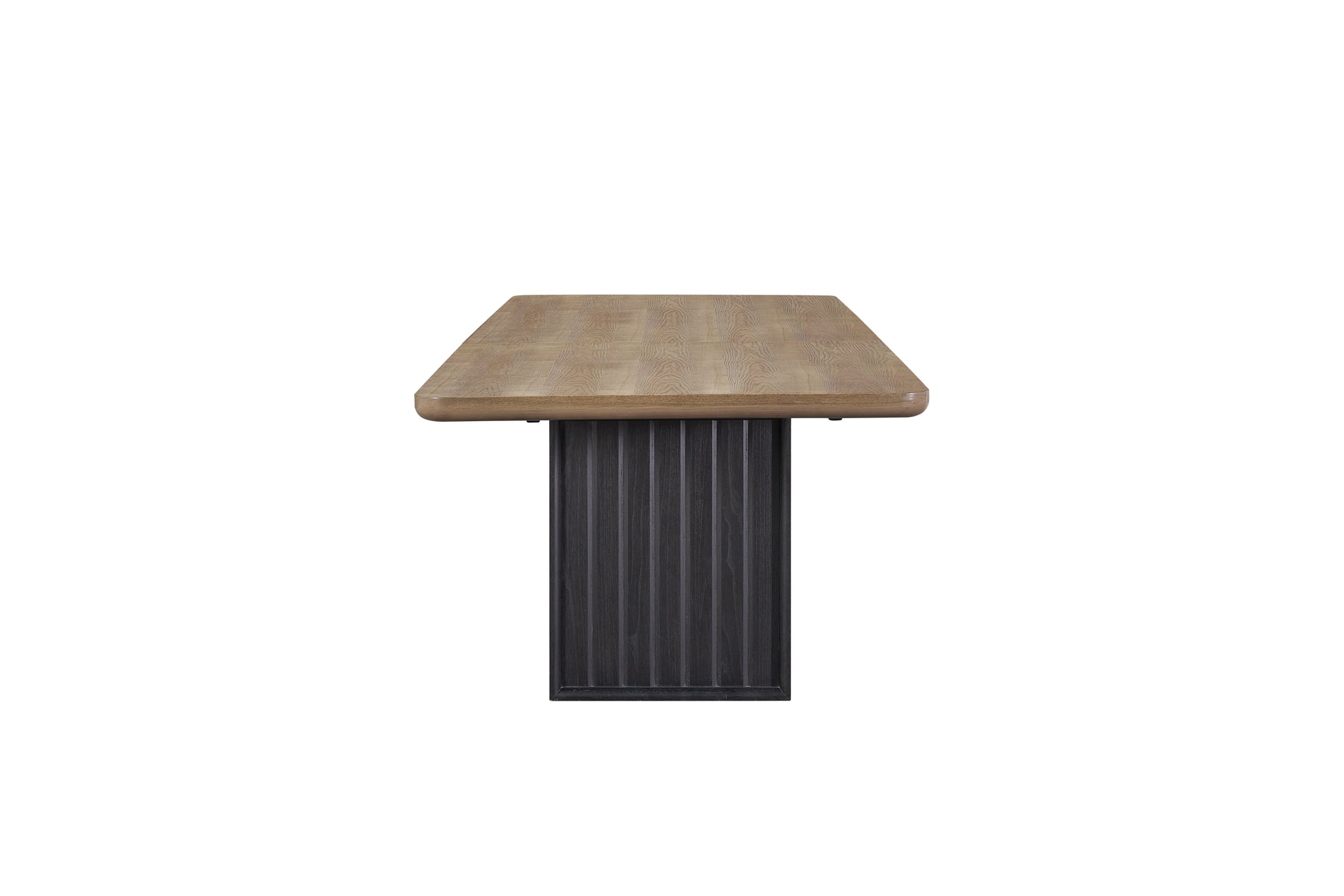 Solid oak dining table with a dark fluted pedestal base