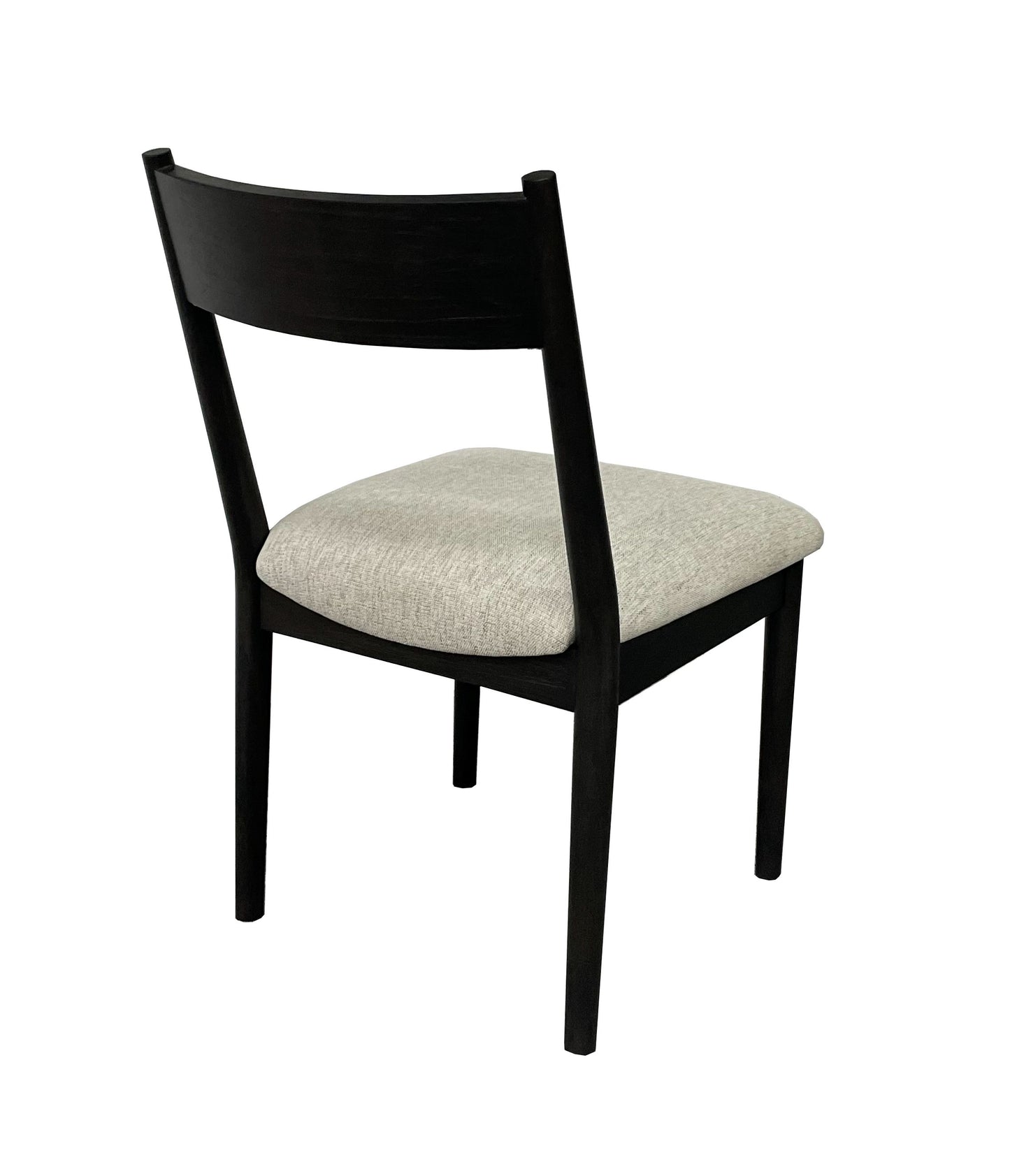 Modern black wooden chair with light gray upholstered seat angled back