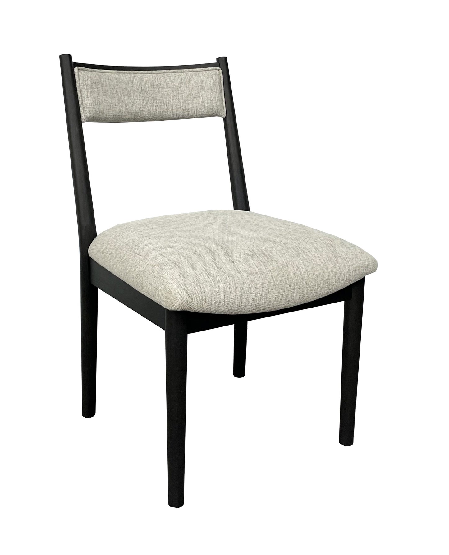 Modern dining chair with black wood frame and light gray textured fabric seat and back