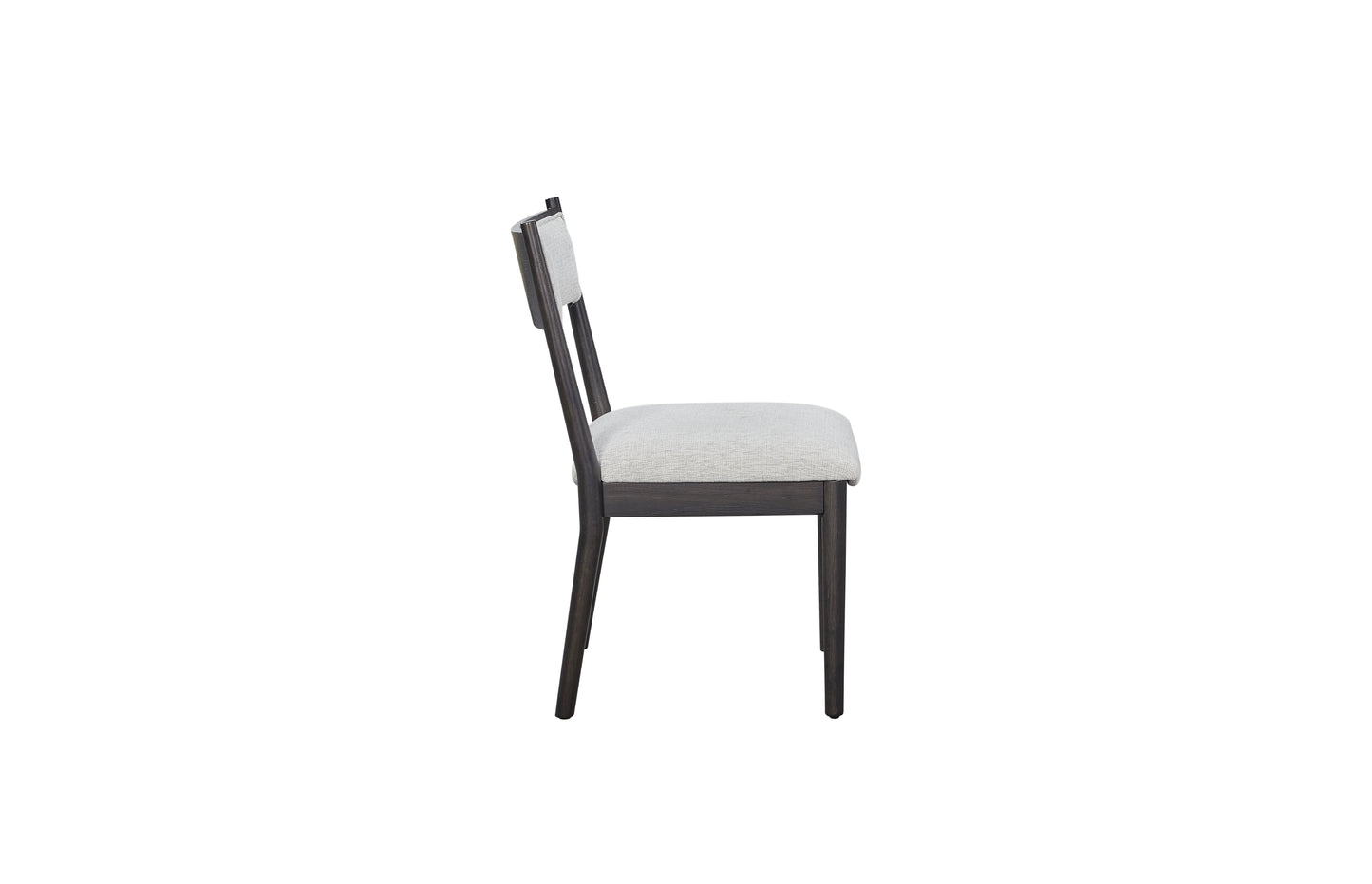 Dark wood dining chair with light gray upholstered seat and back