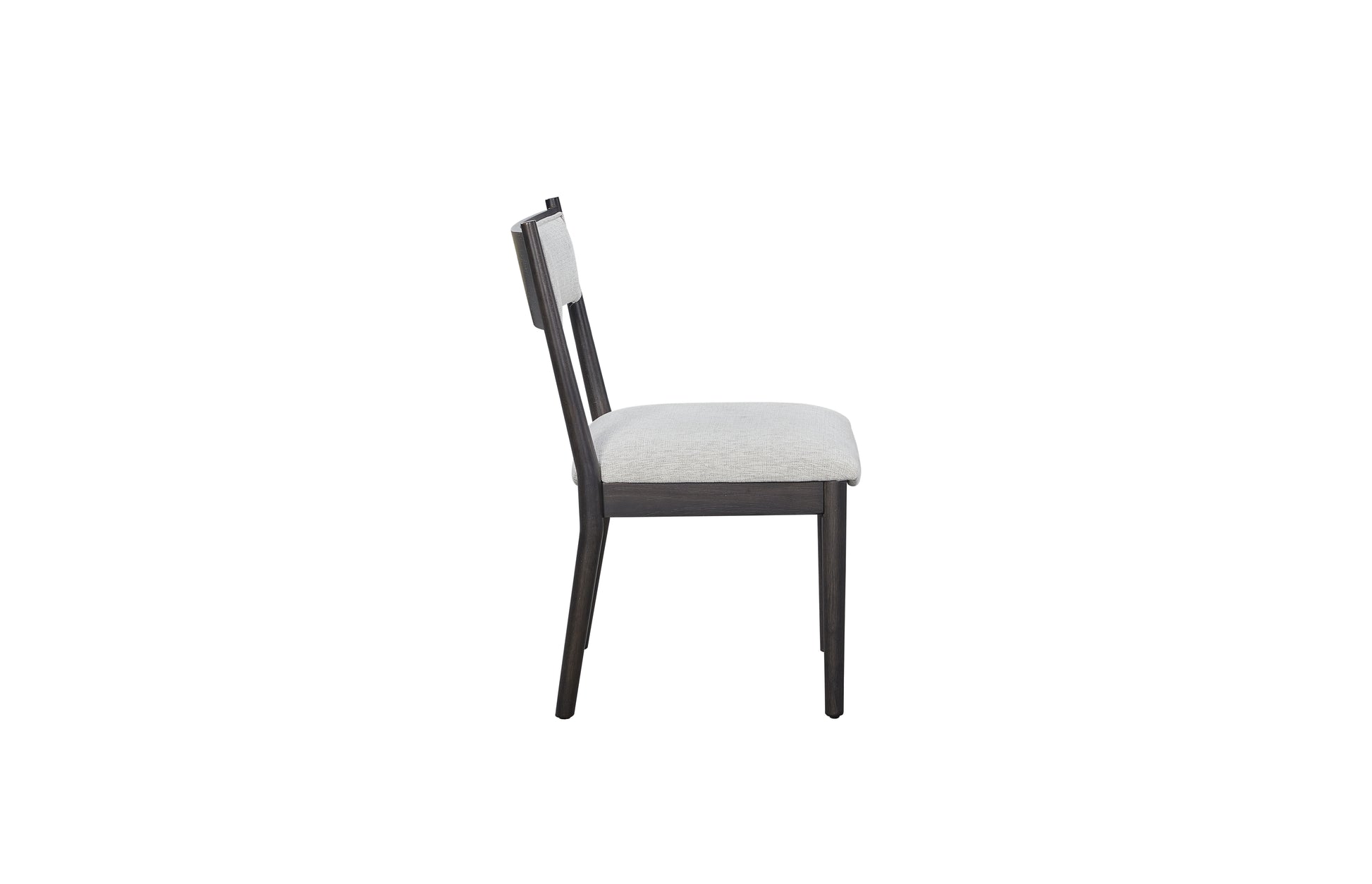 Dark wood dining chair with light gray upholstered seat and back