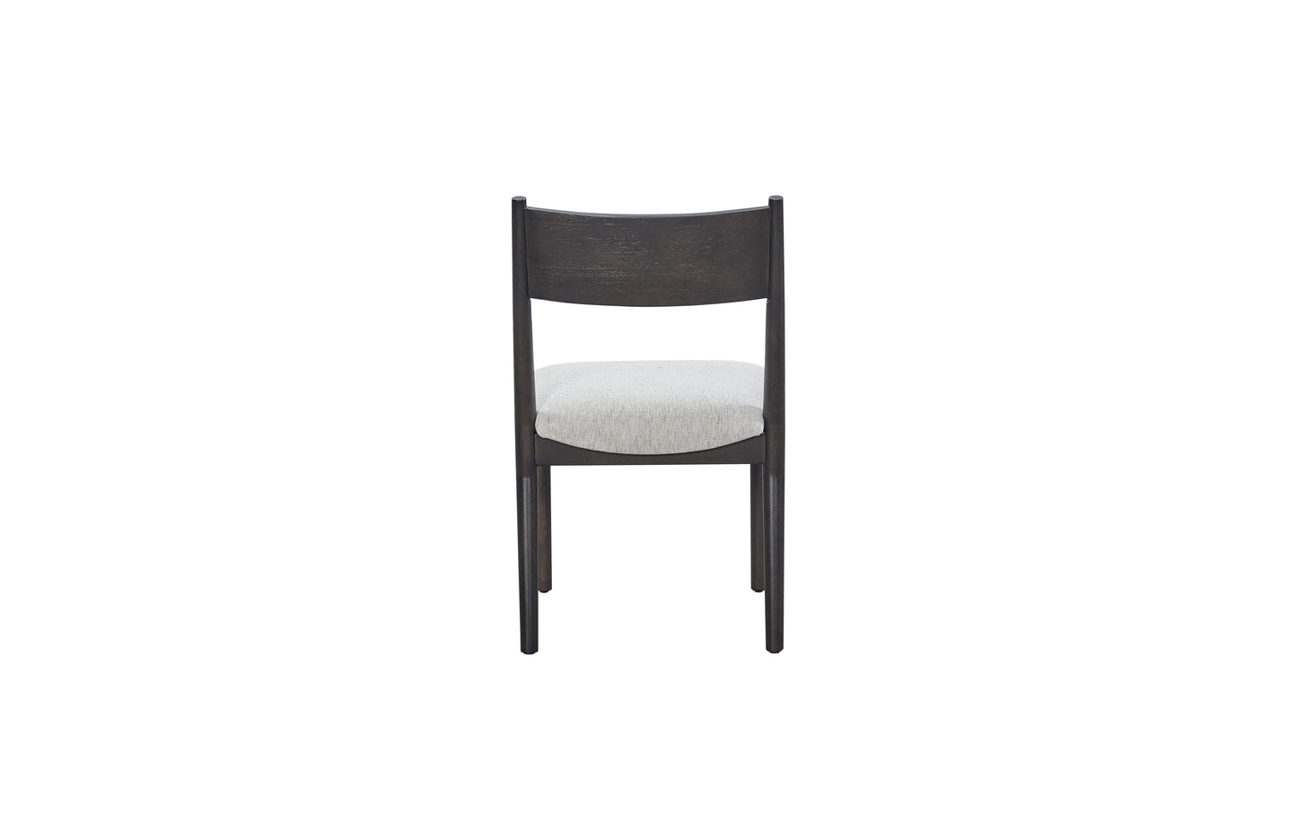 Dark wood dining chair with a light grey upholstered seat