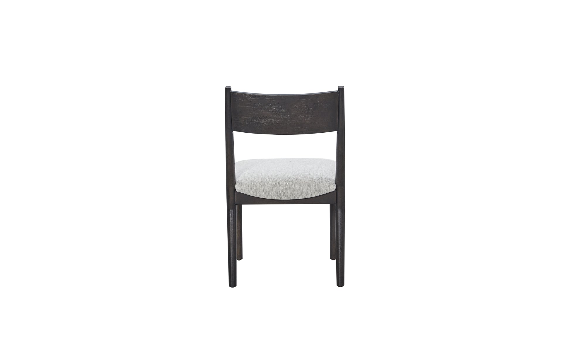 Dark wood dining chair with a light grey upholstered seat
