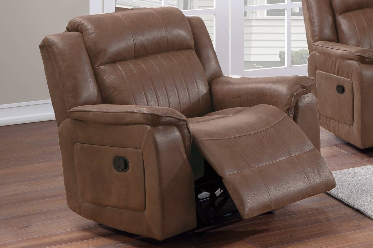 Brown faux leather recliner with plush cushioning and convenient pulllever mechanism for ultimate relaxation