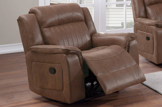 Brown faux leather recliner with plush cushioning and convenient pulllever mechanism for ultimate relaxation