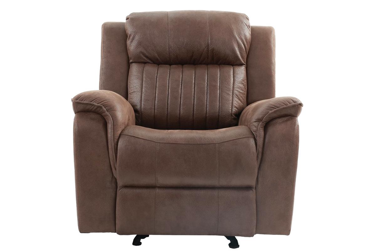 Plush brown leather recliner chair with padded headrest and segmented backrest