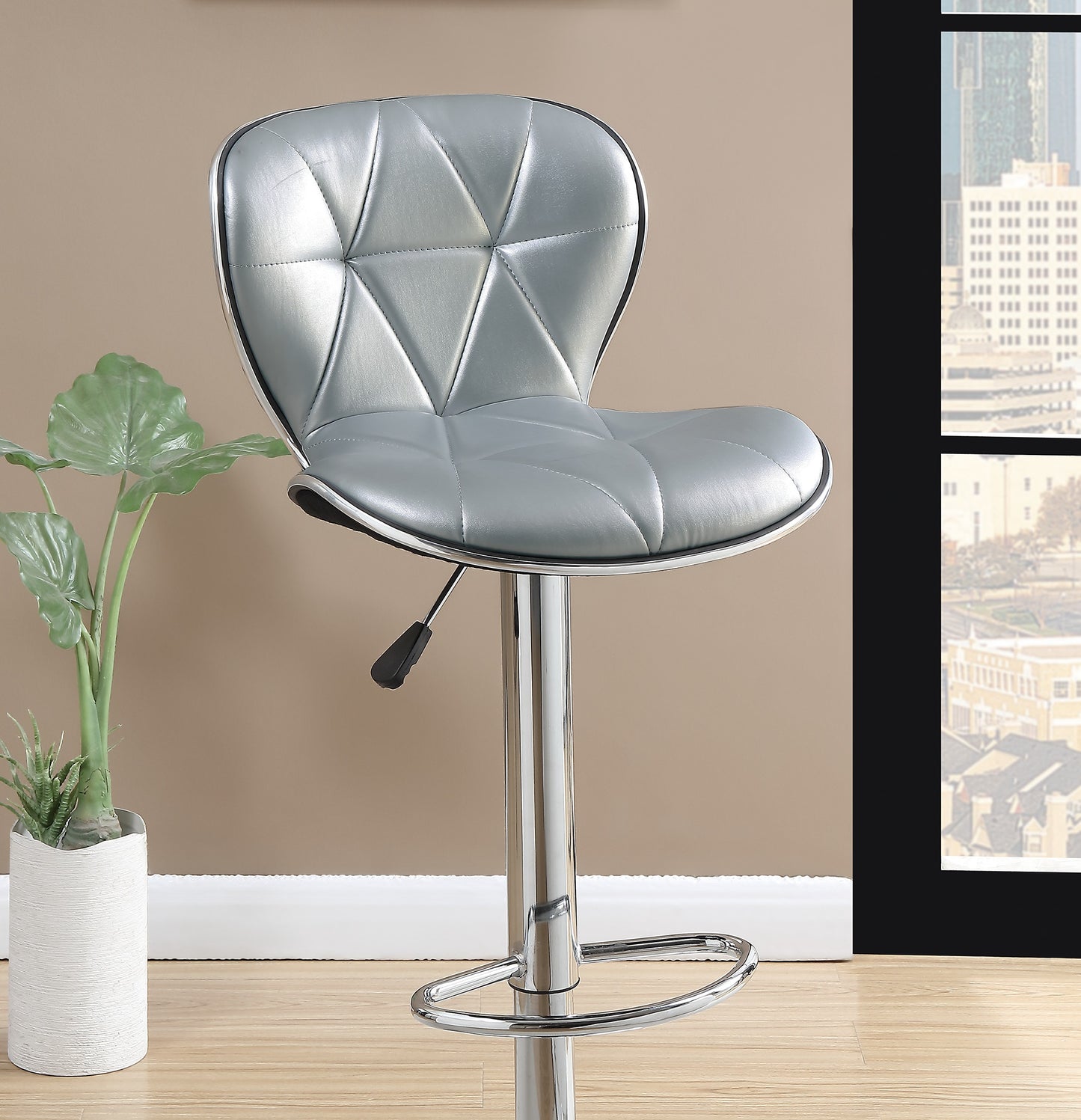 Silver quilted PU leather bar stool with chrome base and footrest