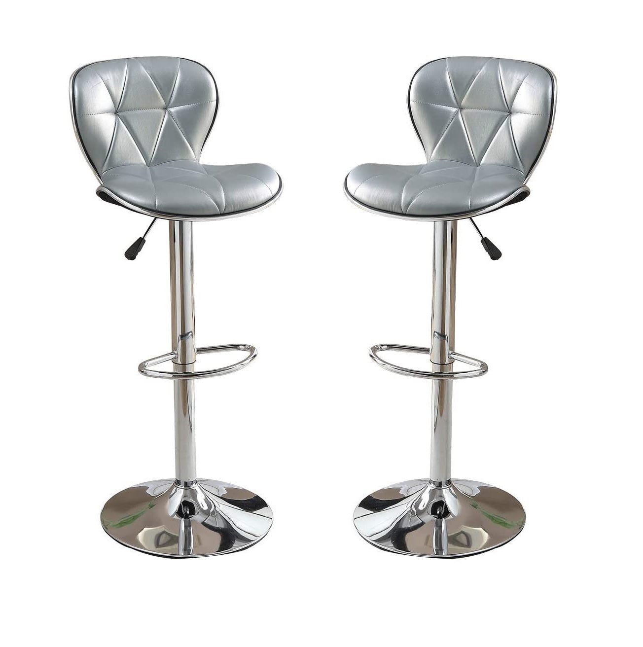 Two silver faux leather bar stools with diamond tufting and chrome bases