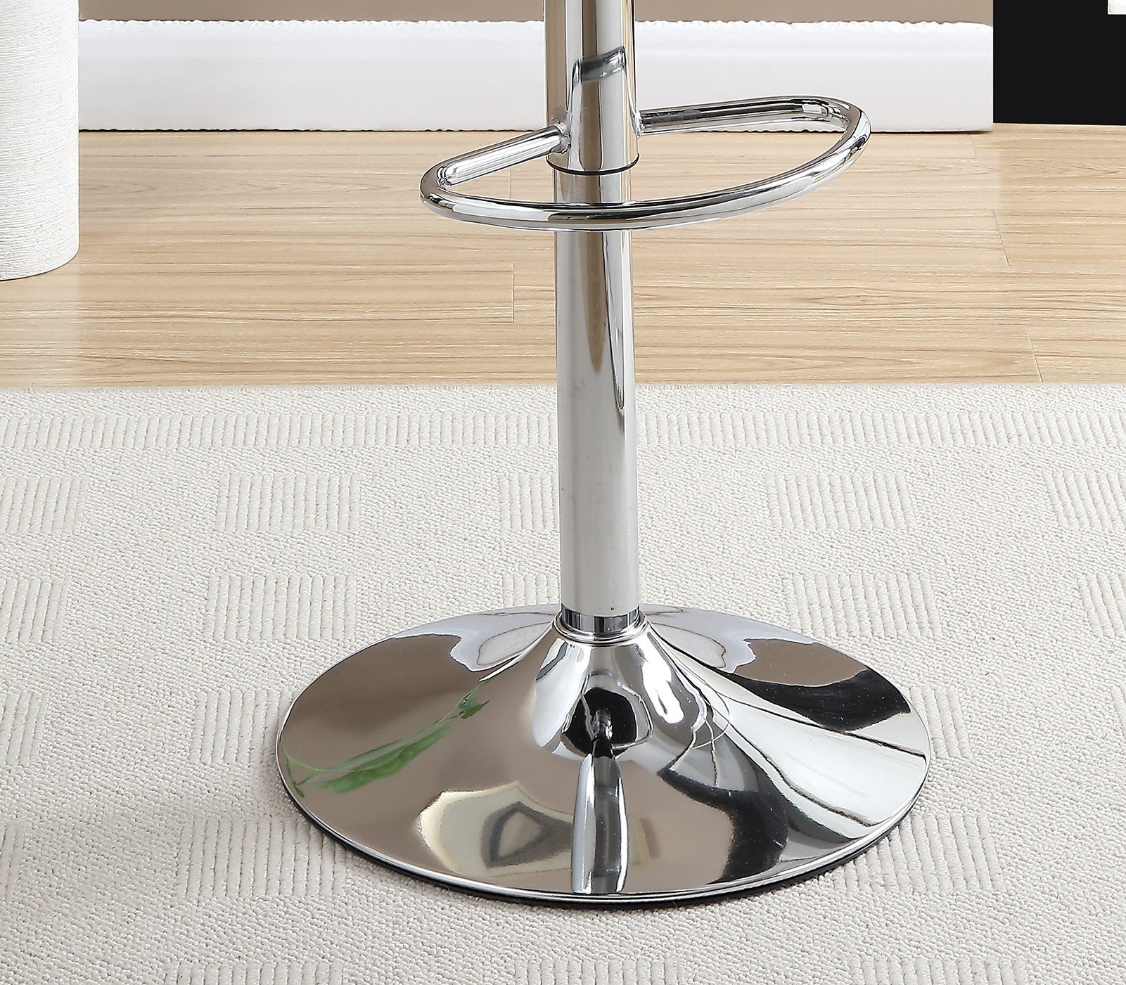 Chrome bar stool base with adjustable height mechanism and footrest ring