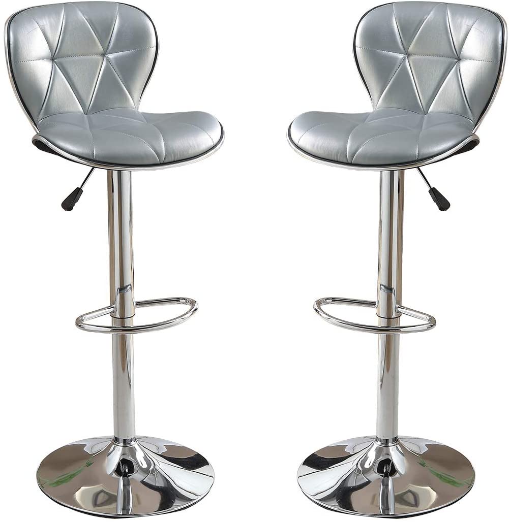 Two silver padded bar stools with diamond quilting and chrome bases