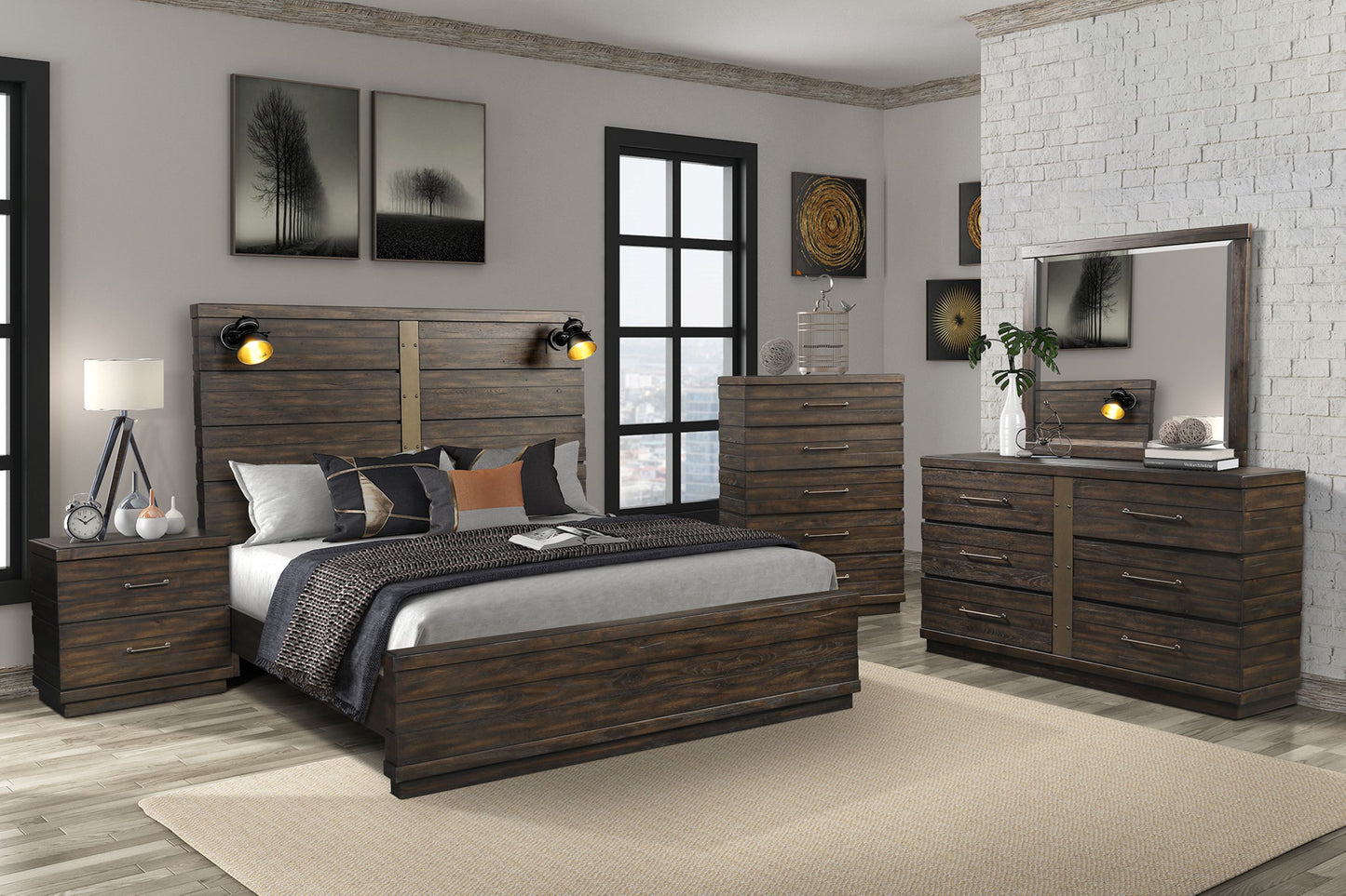 Dark wood kingsize bed with industrial accents and upholstered headboard ready for a bedroom set