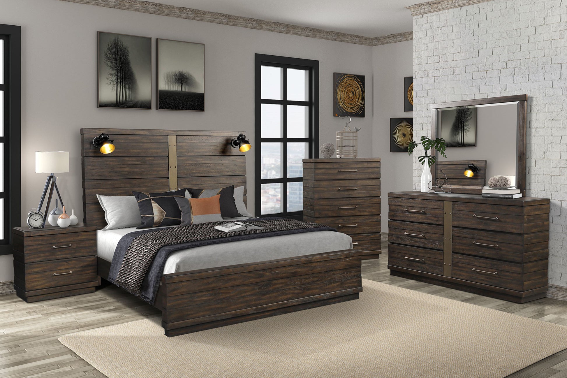 Dark wood kingsize bed with industrial accents and upholstered headboard ready for a bedroom set
