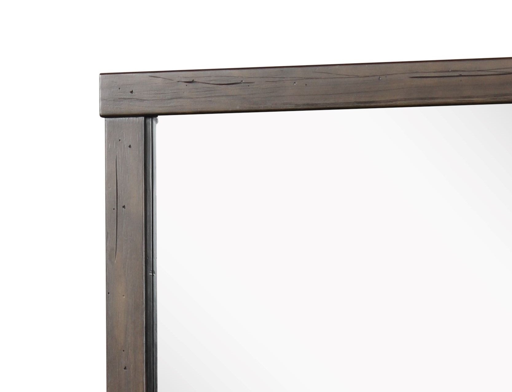 Rustic dark wood mirror frame detail with distressed texture