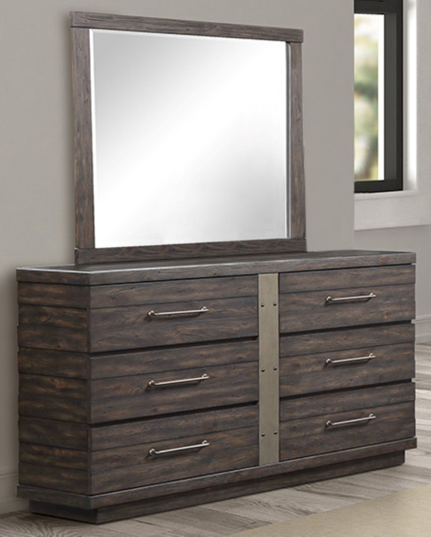 Dark wood dresser with six drawers and brushed nickel hardware modern rustic design