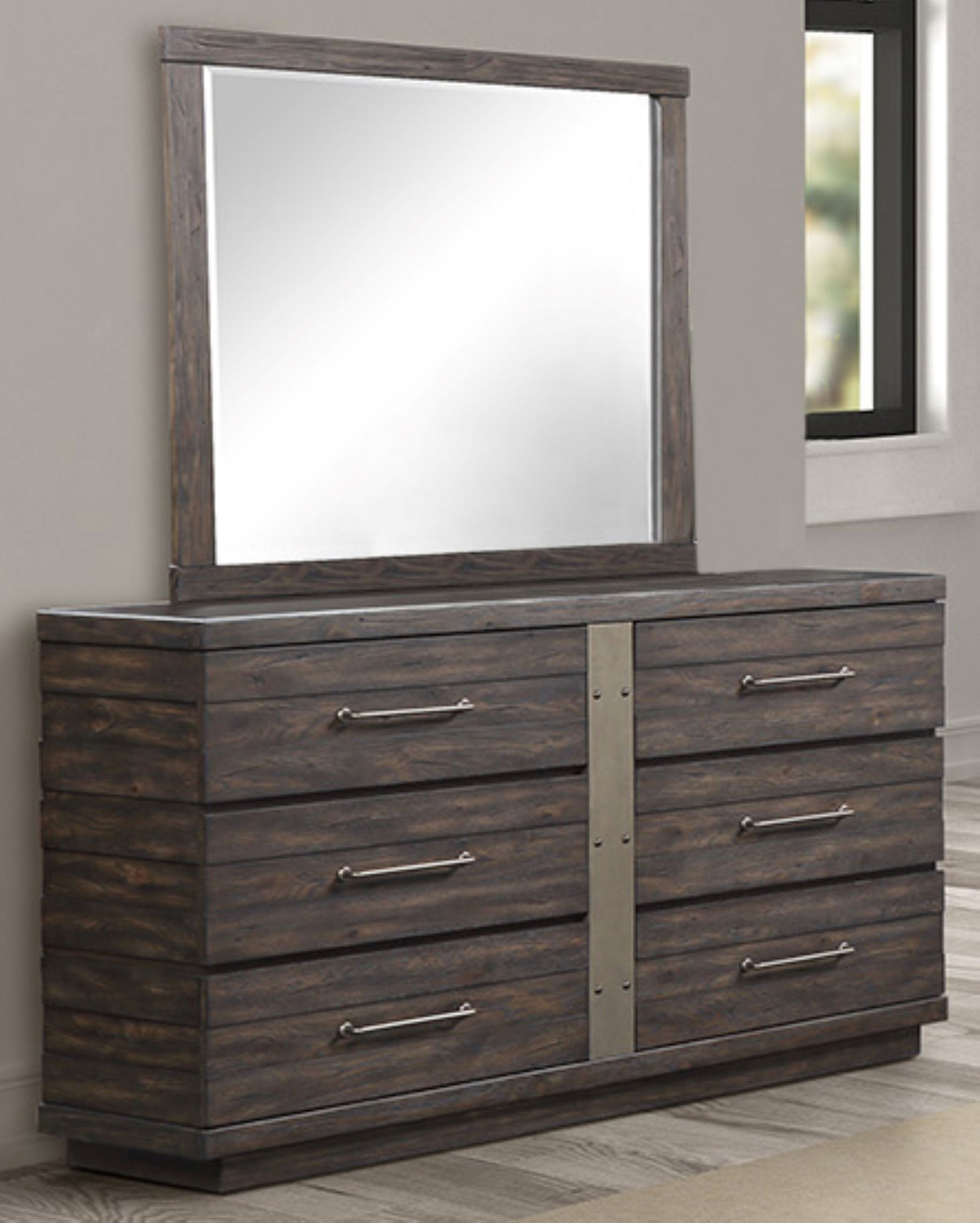Dark wood dresser with six drawers and brushed nickel hardware modern rustic design