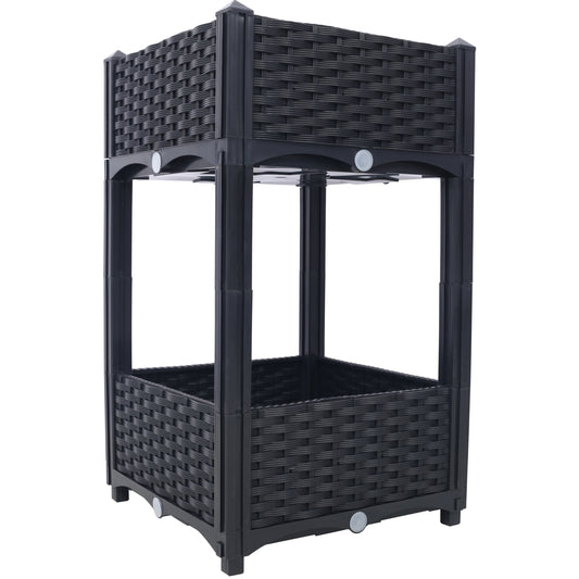 Black tiered rattaneffect planter with a woven design for outdoor gardening
