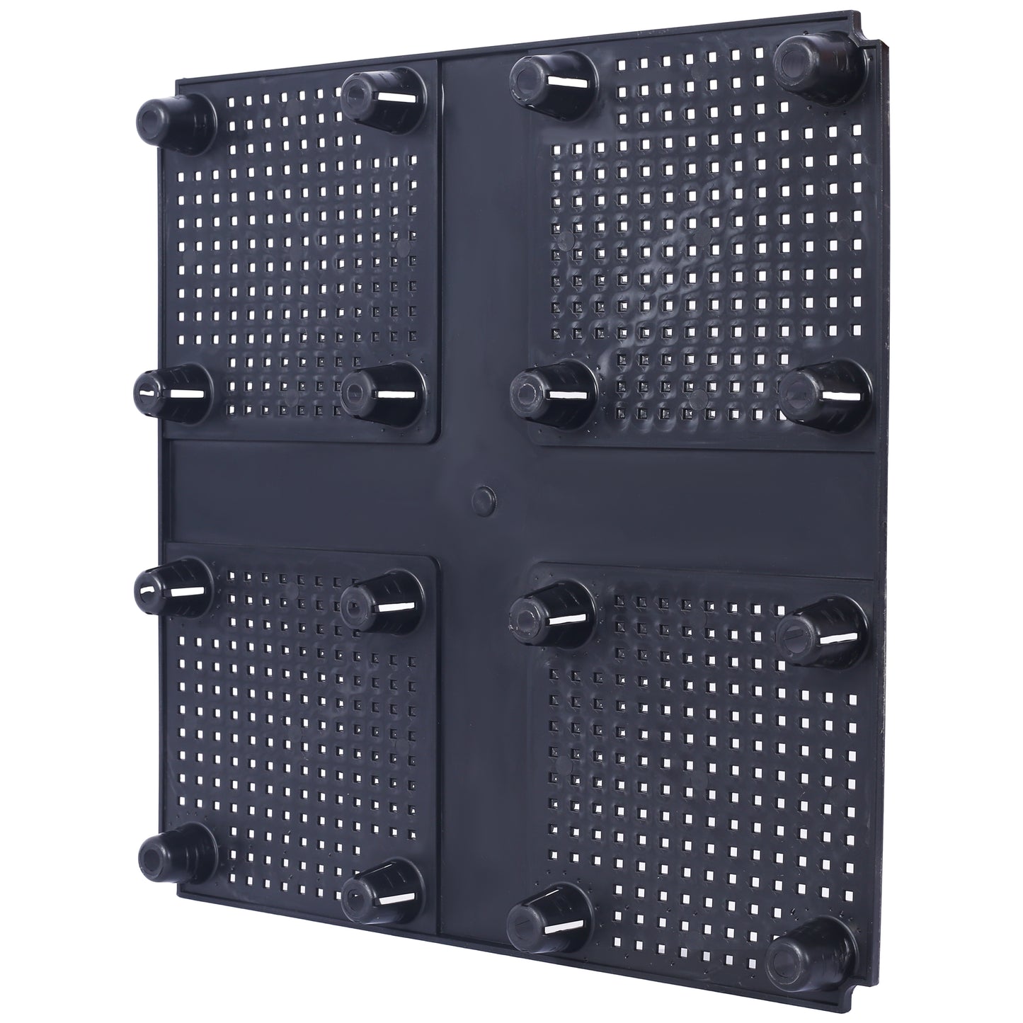 Black plastic pegboard organizer with four mounting knobs for wall hanging