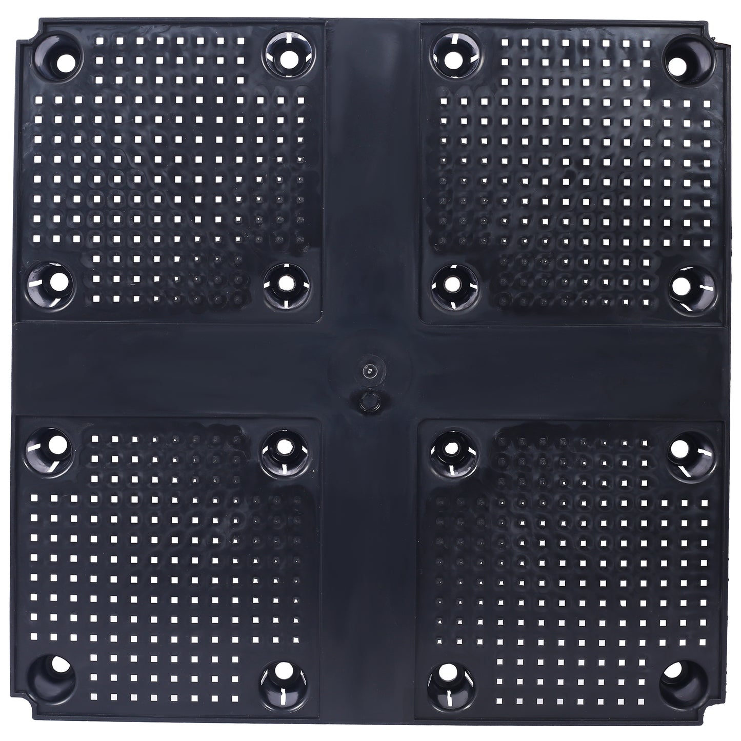 Black plastic drainage mat with square perforations and four circular drainage holes