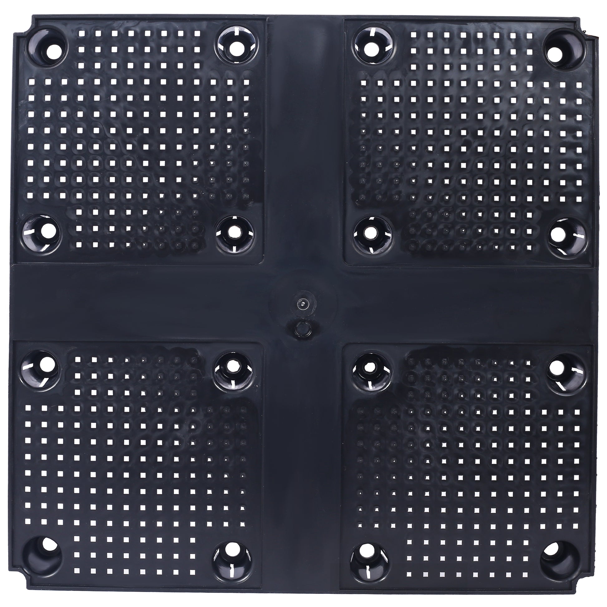 Black plastic drainage mat with square perforations and four circular drainage holes