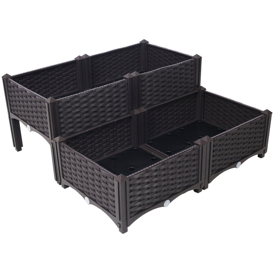 Dark brown tiered resin wicker planter with drainage holes ideal for outdoor gardening