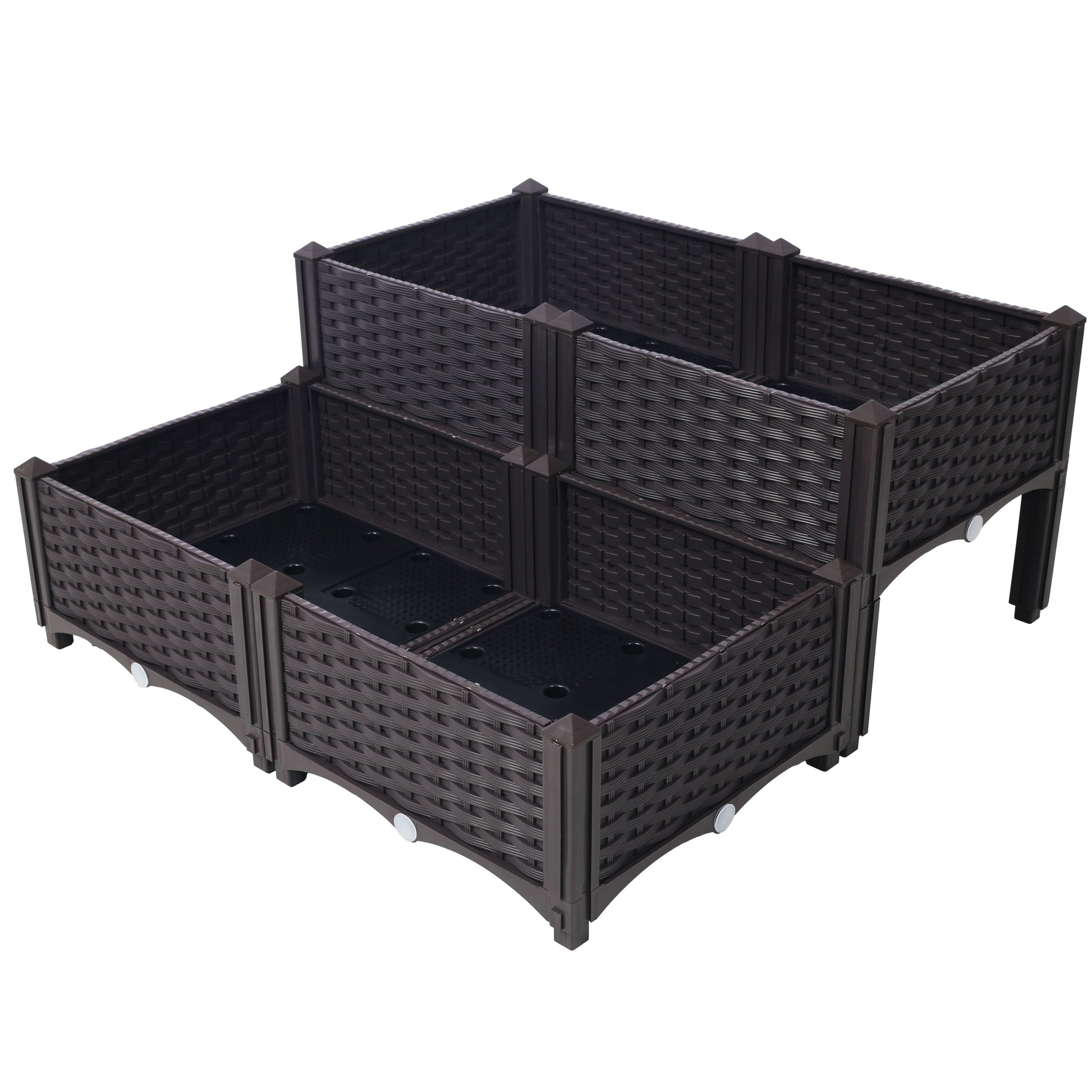 Modular raised garden bed dark brown faux rattan plastic construction tiered design