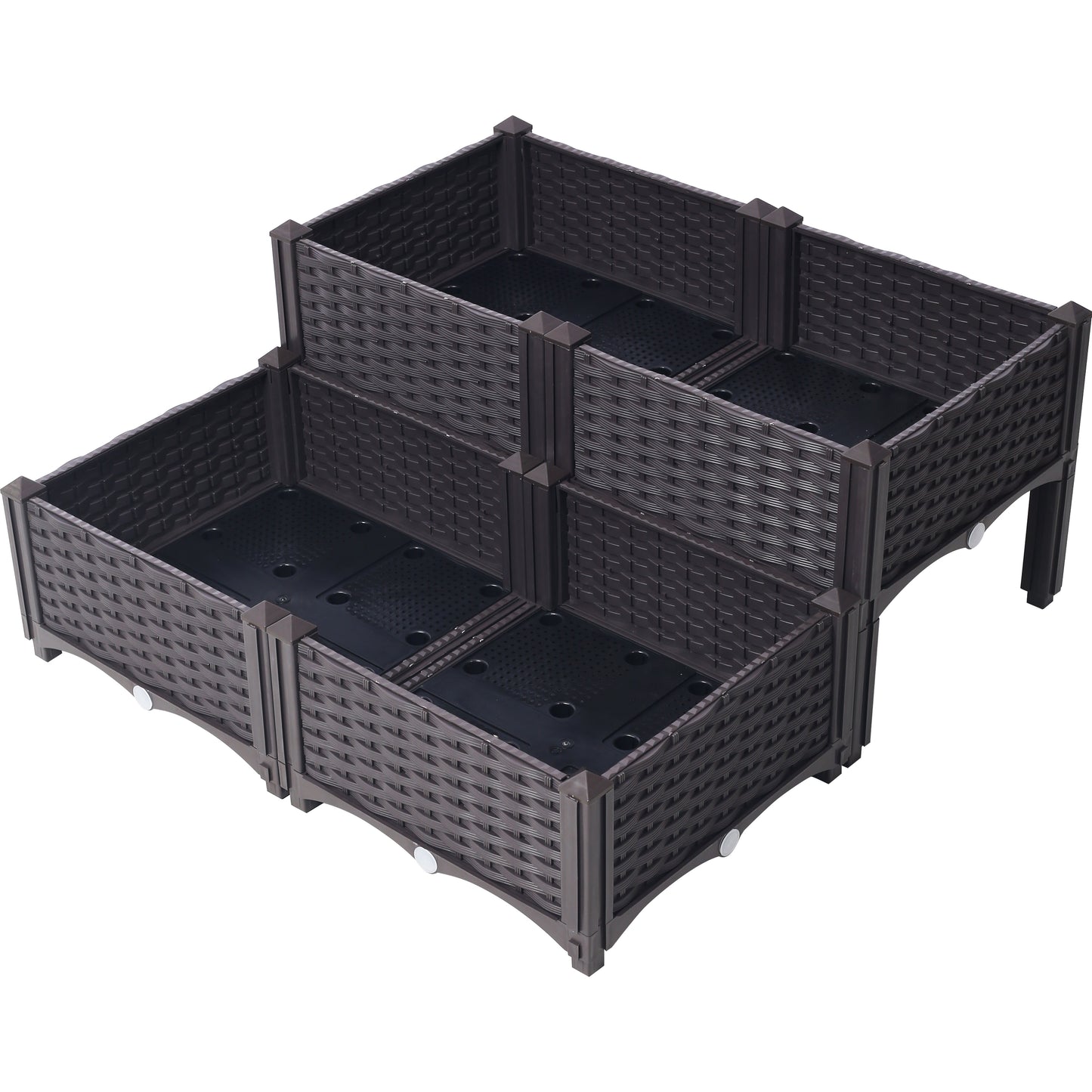 Dark brown tiered raised garden bed with wicker texture and drainage holes