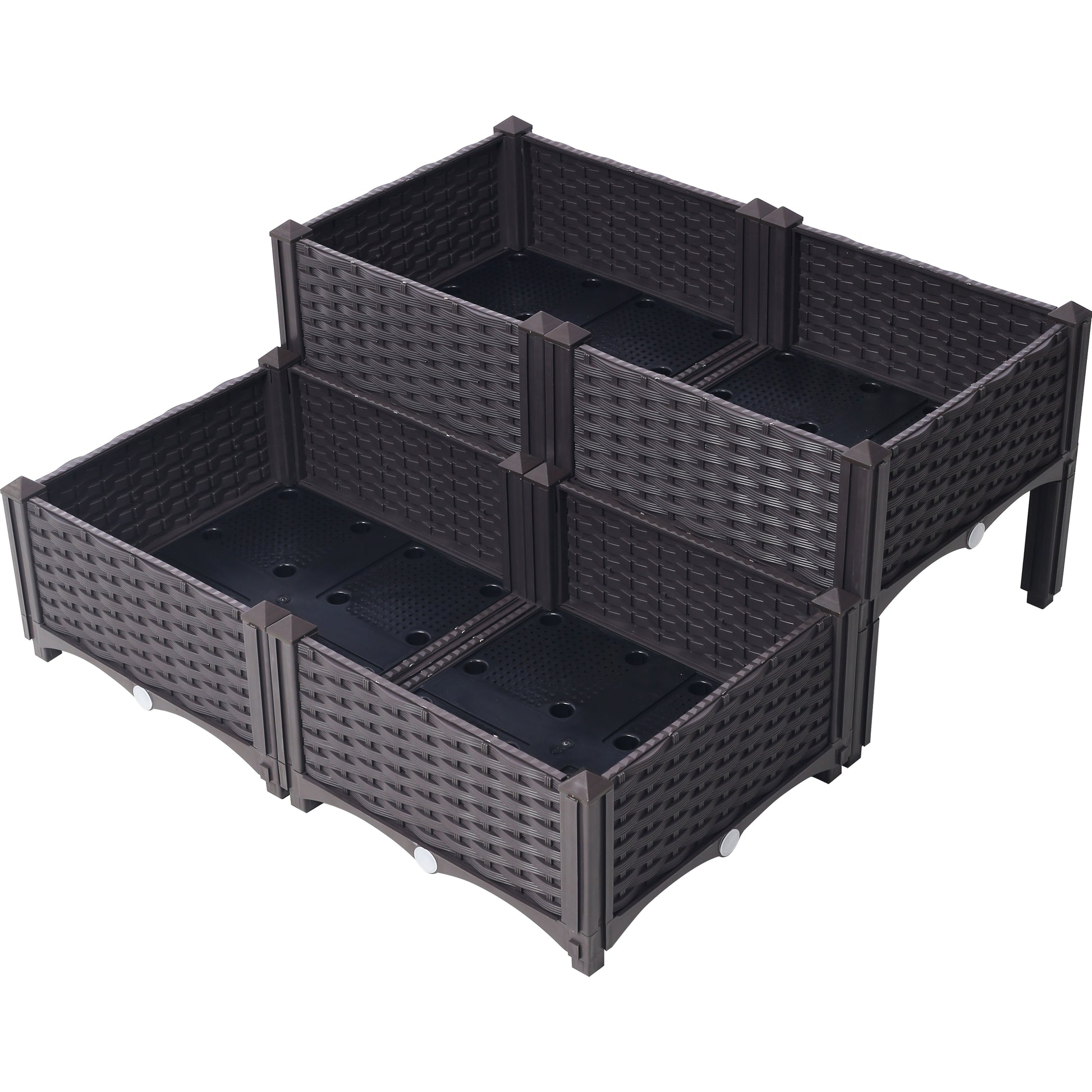 Dark brown tiered raised garden bed with wicker texture and drainage holes