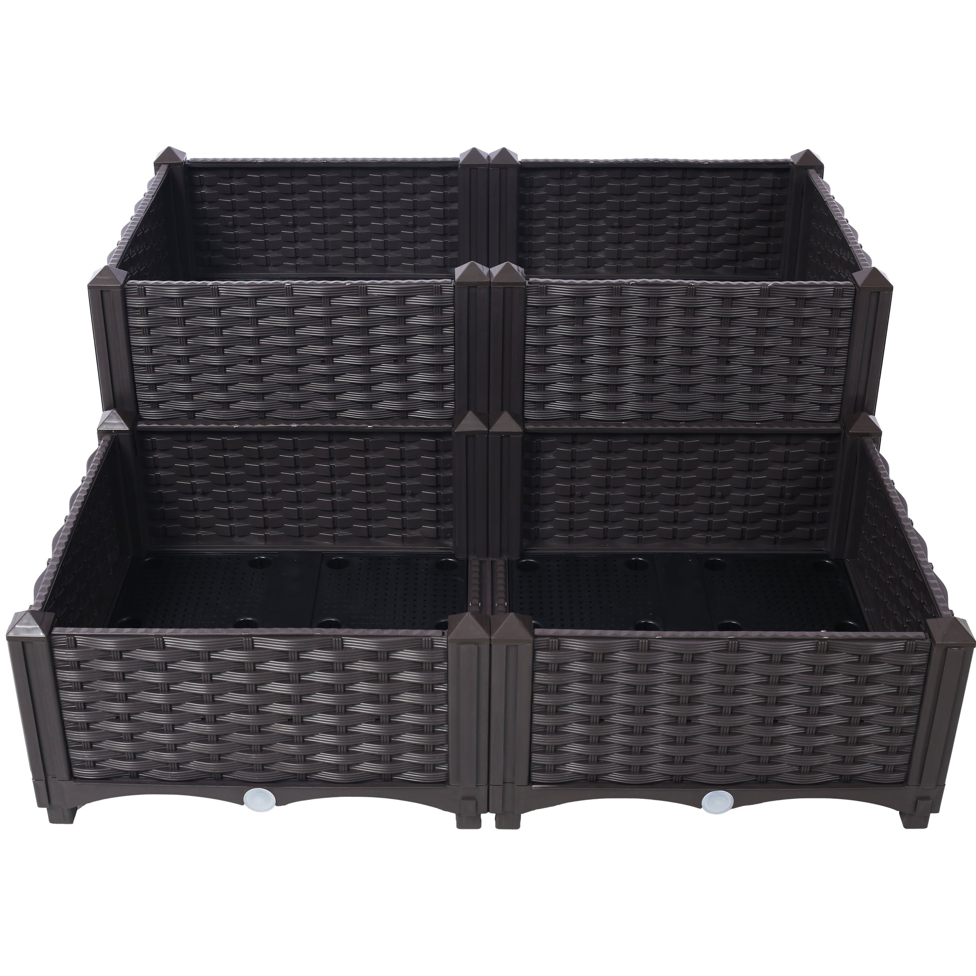 Dark brown tiered raised garden bed with woven texture ideal for balconies