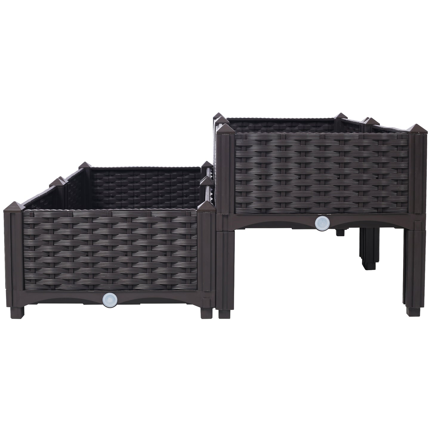 Brown tiered plastic planter with wicker texture featuring drainage caps for elevated gardening