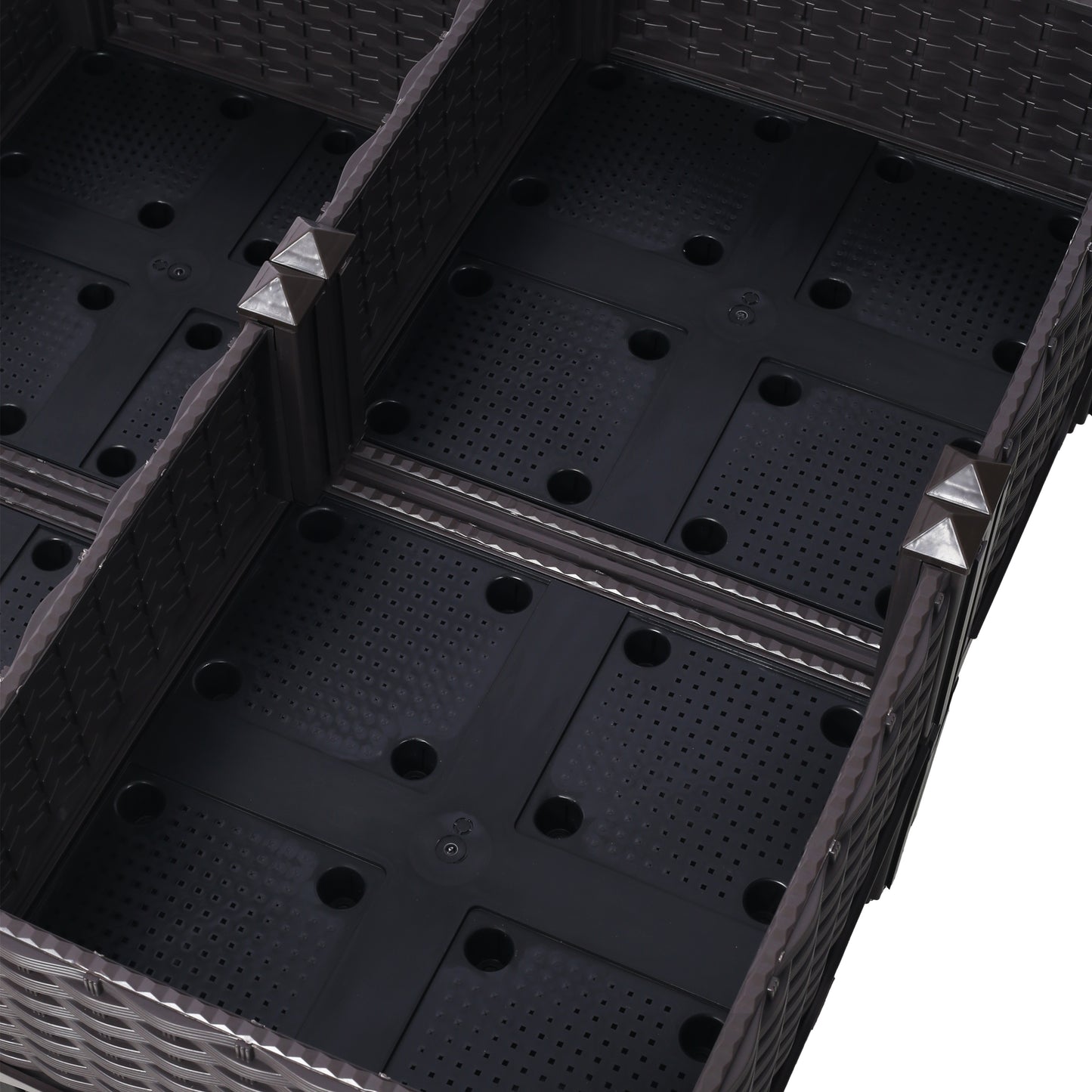 Brown wicker outdoor planter box with drainage holes and reinforced corners