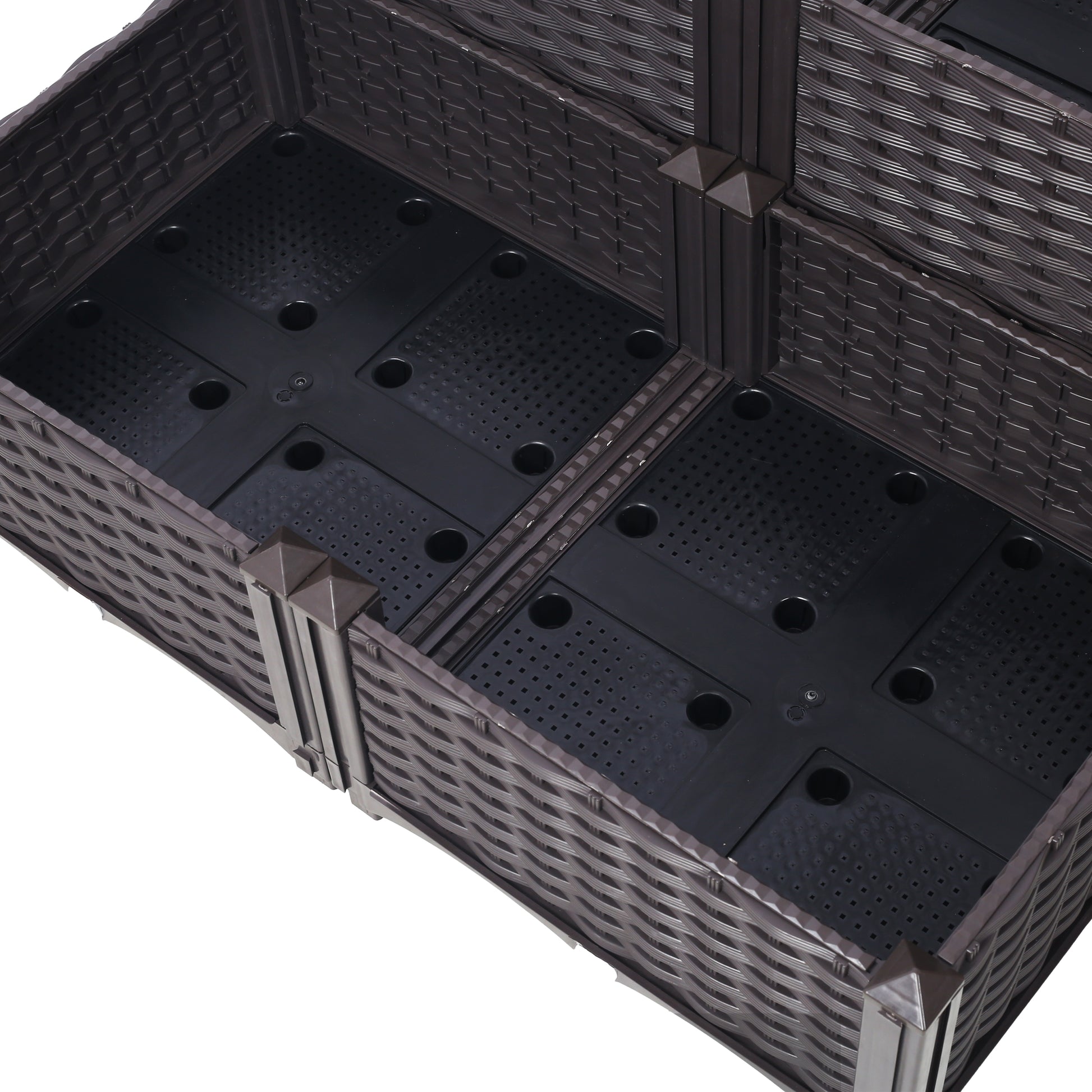 Dark brown modular raised garden bed with drainage holes featuring woven texture Perfect for your patio