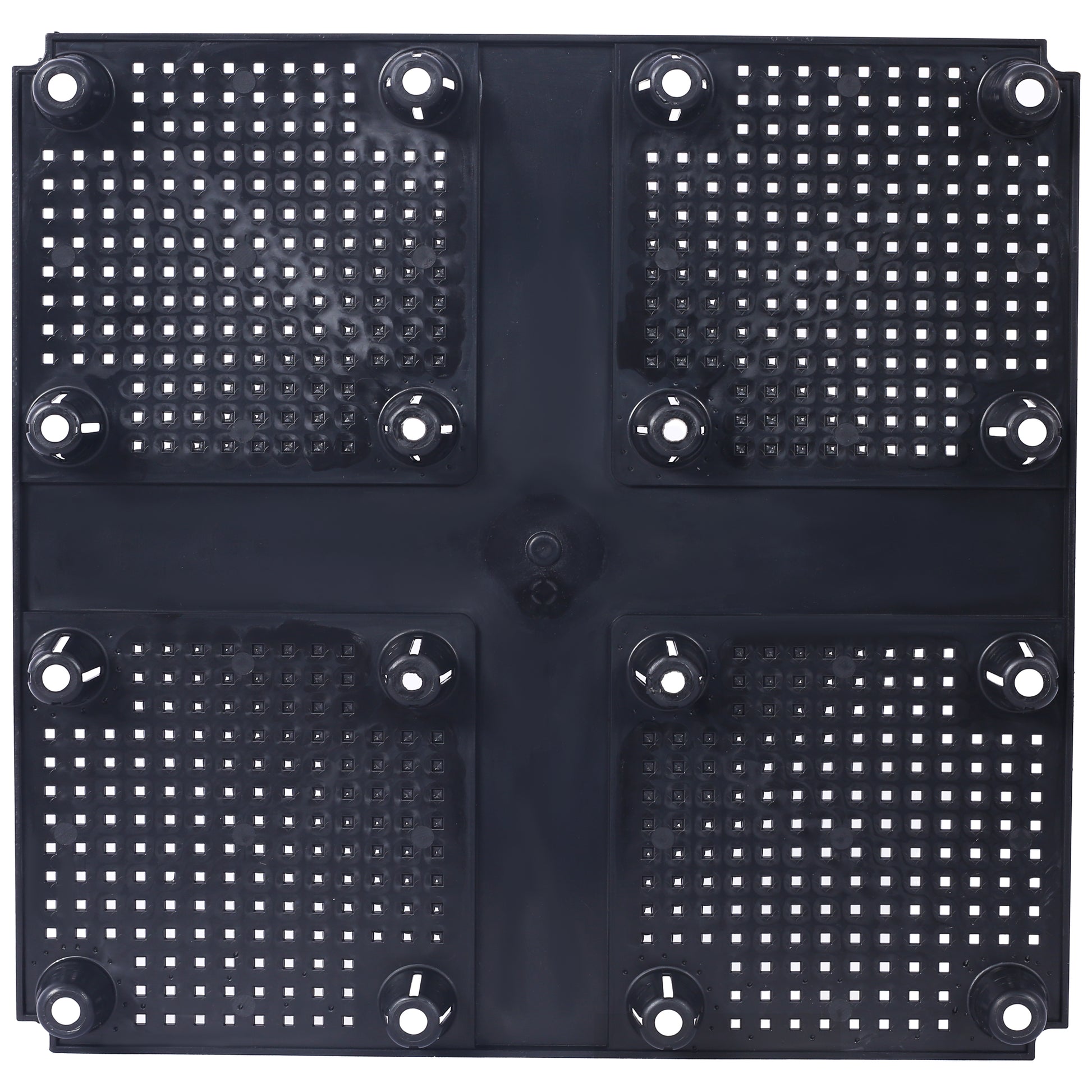 Black modular shelving unit base with square perforations and four cylindrical feet