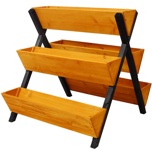 Natural wood tiered planter with a dark wood frame perfect for vertical gardening