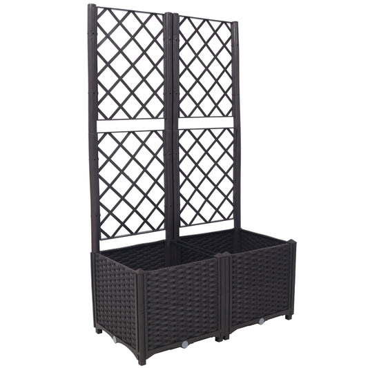 Dark brown wicker planter with a tall diamond lattice trellis for climbing plants
