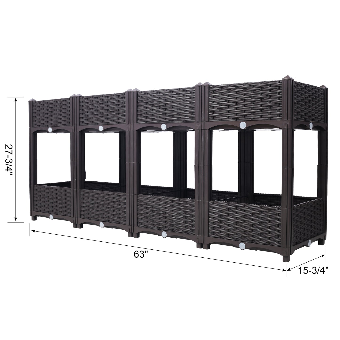 Dark brown modular raised garden bed with woven rattan design  long