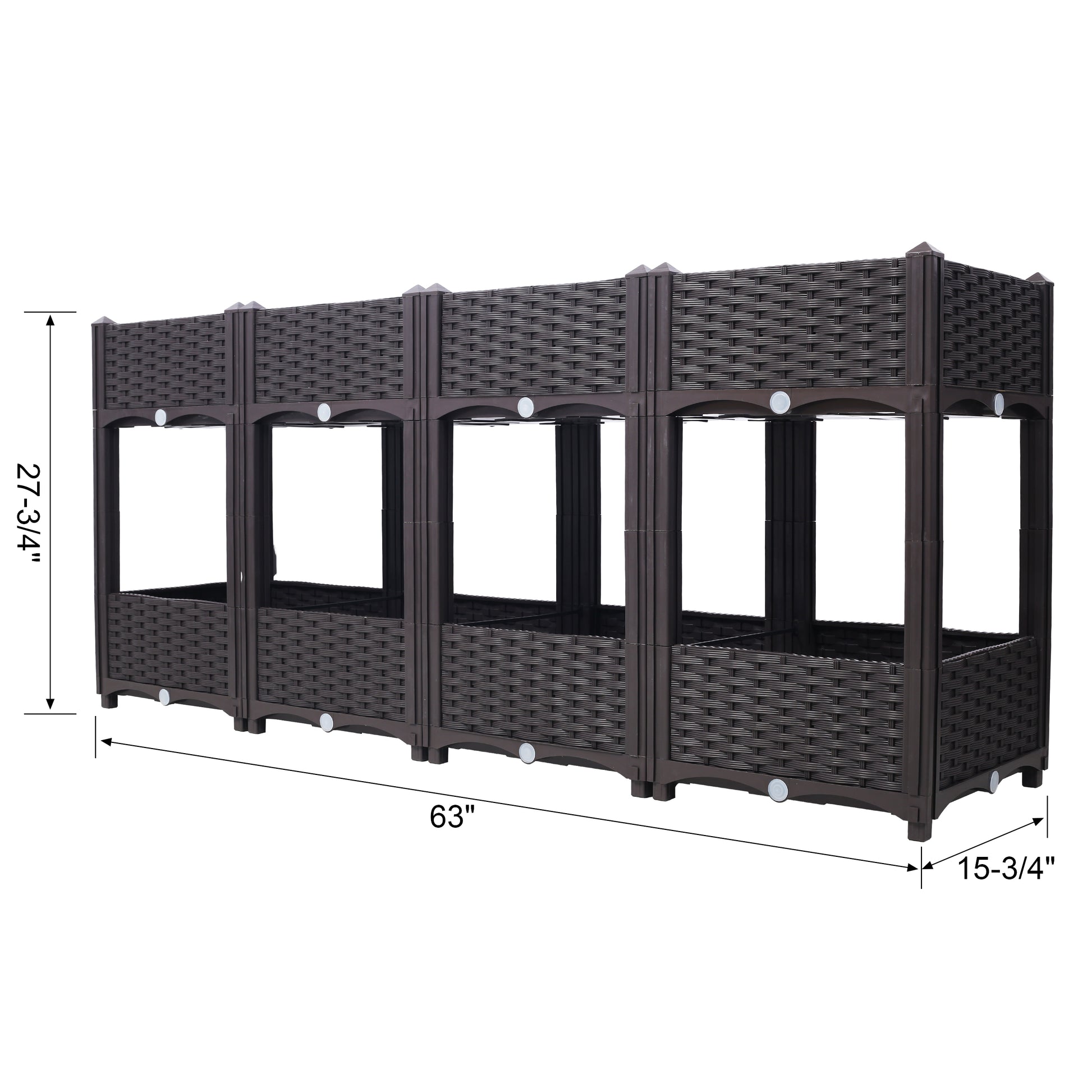 Dark brown modular raised garden bed with woven rattan design  long