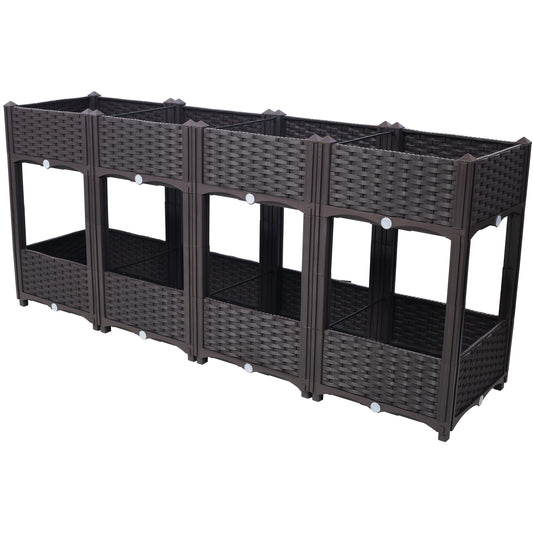 Modular dark brown rattan effect raised garden bed with multiple compartments
