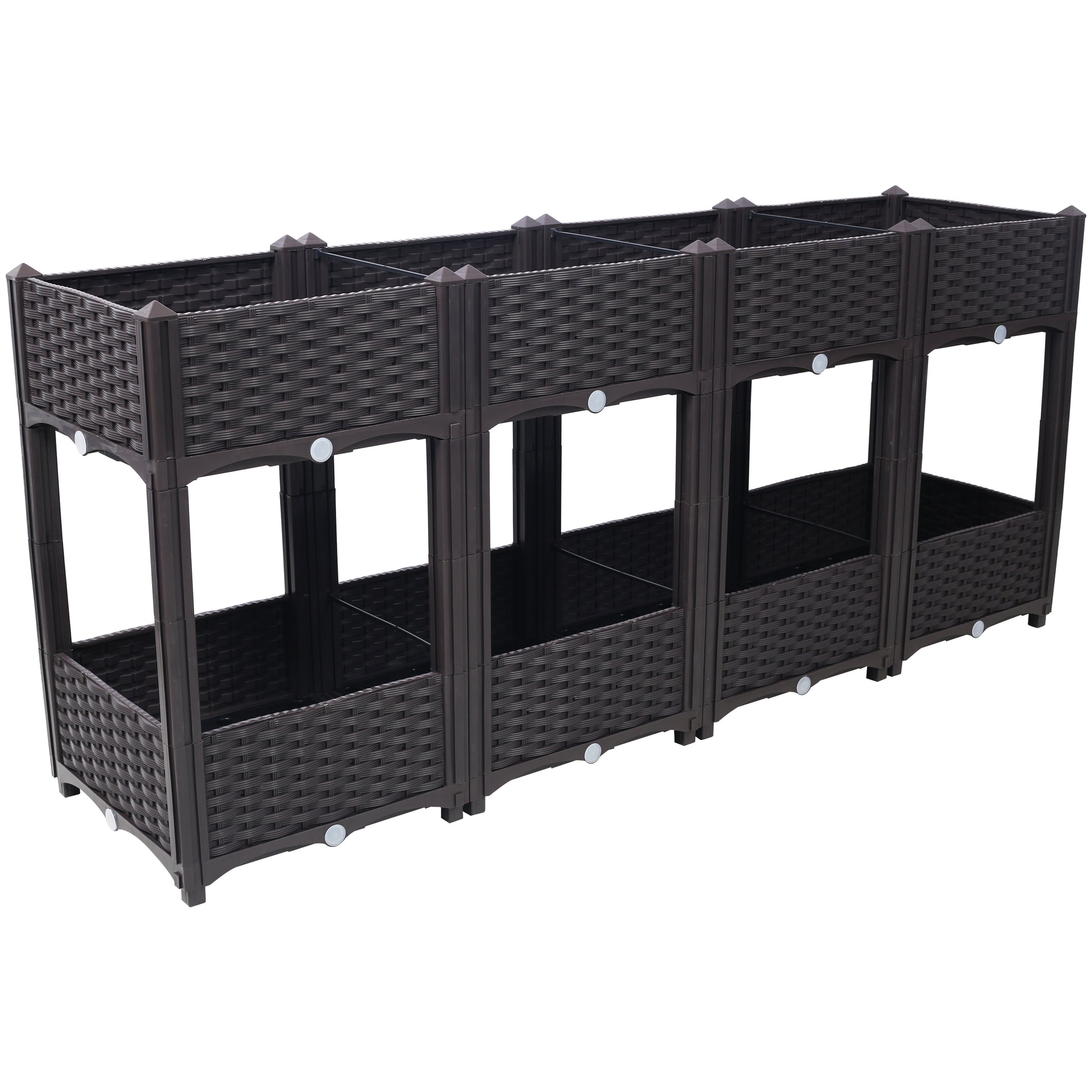 Dark brown modular raised garden bed with woven texture tier planter box for outdoor use