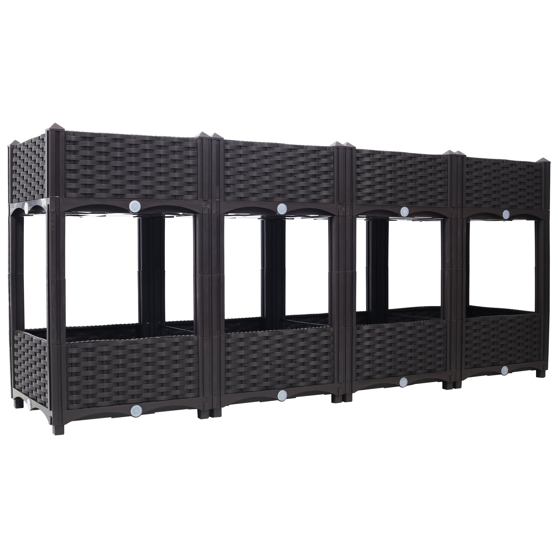 Dark brown modular raised garden bed with woven rattanstyle plastic panels for outdoor use