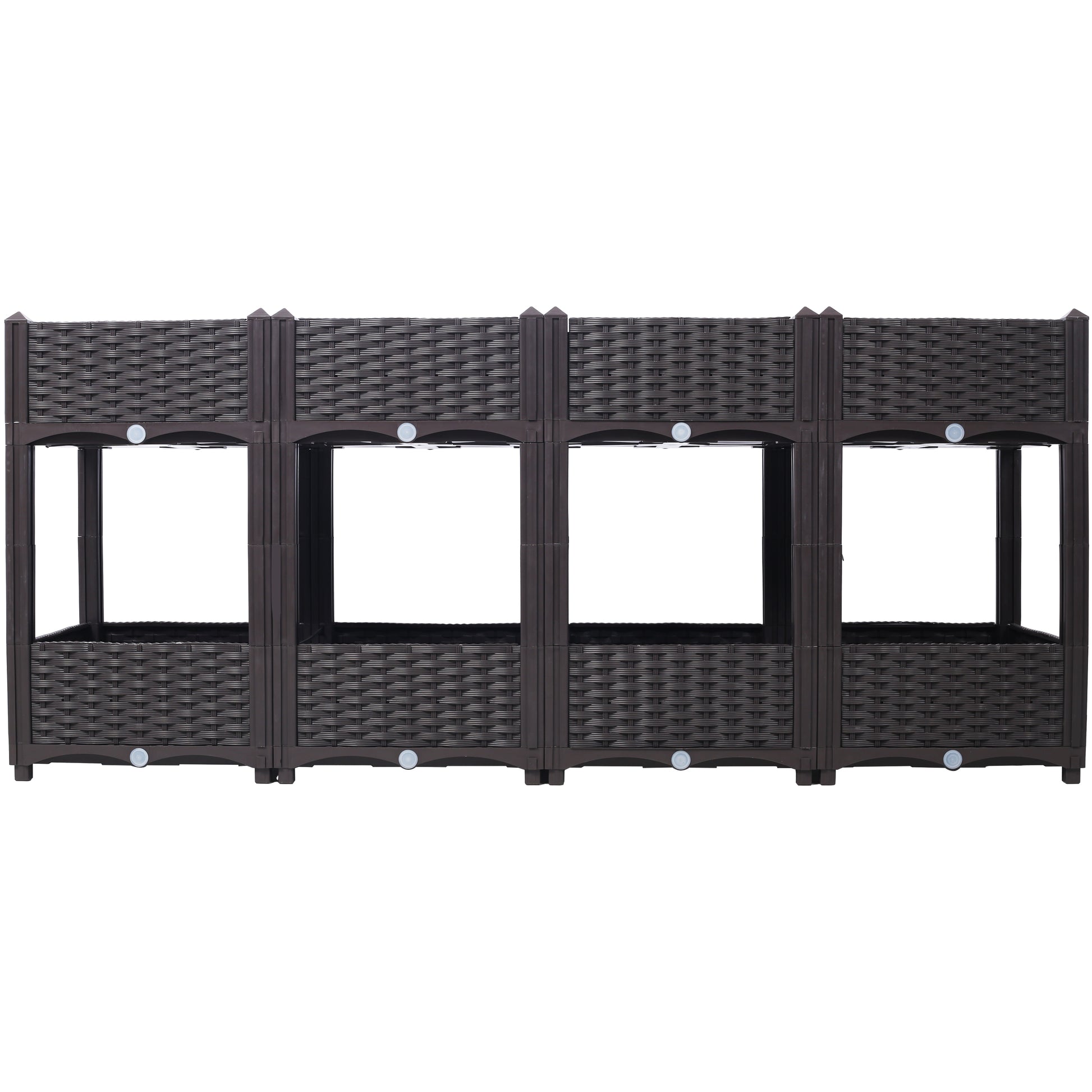 Dark brown wickerstyle modular raised garden bed with four planting sections