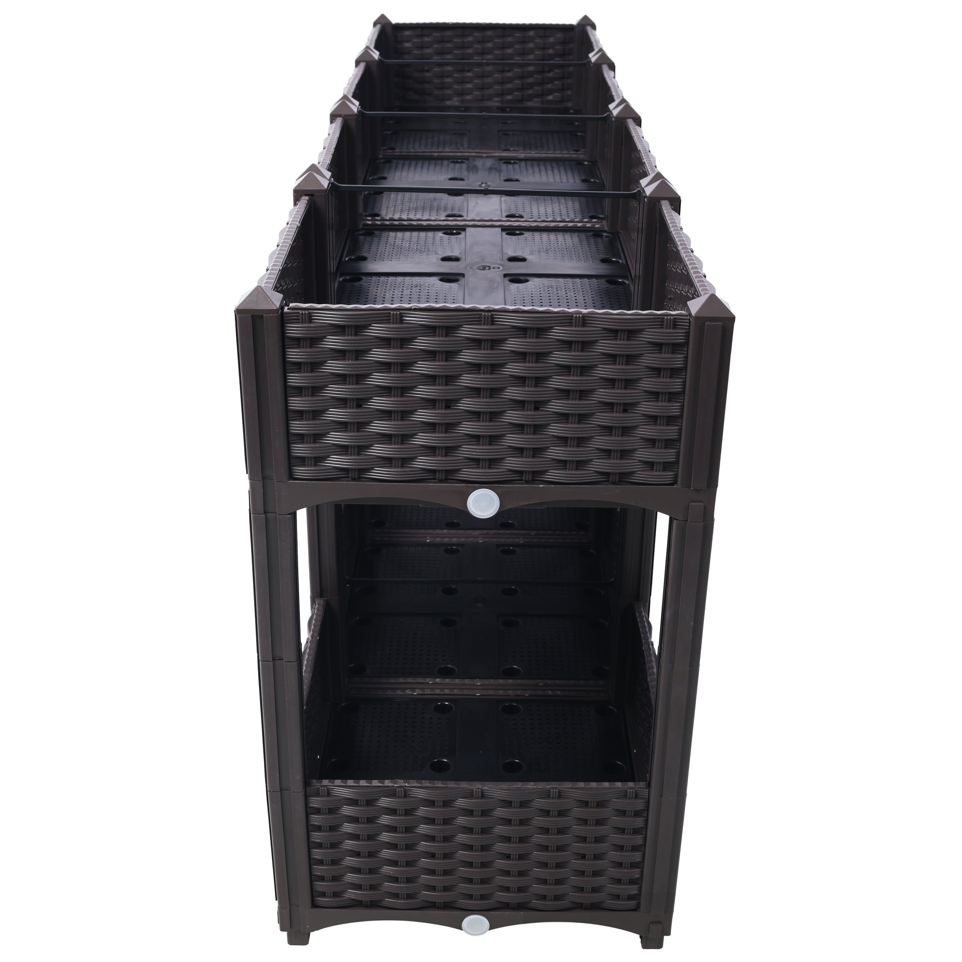 Dark brown tiered planter with woven texture for outdoor gardening